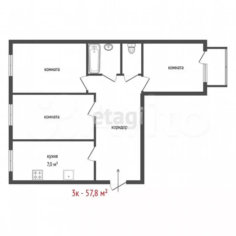 3-к. квартира, 57,8 м, 7/9 эт. - Фото 0