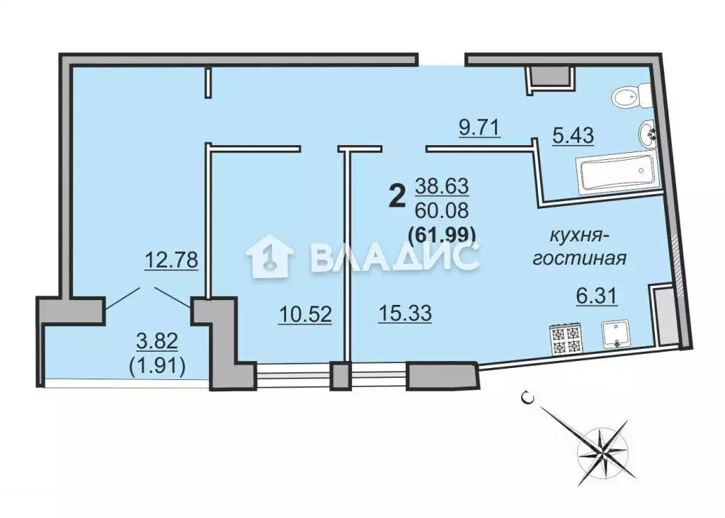 2-к кв. Вологодская область, Вологда Медуницинская ул., 11 (61.99 м) - Фото 1