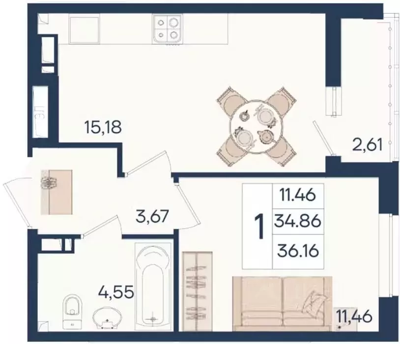 1-к кв. Краснодарский край, Краснодар  (36.16 м) - Фото 1