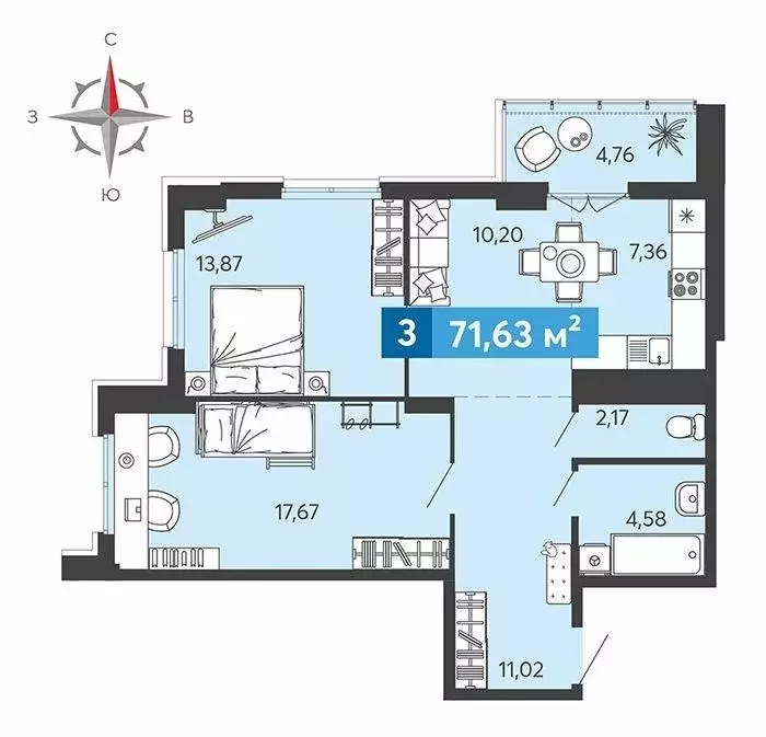 Квартира, 3 комнаты, 71.63 м - Фото 1