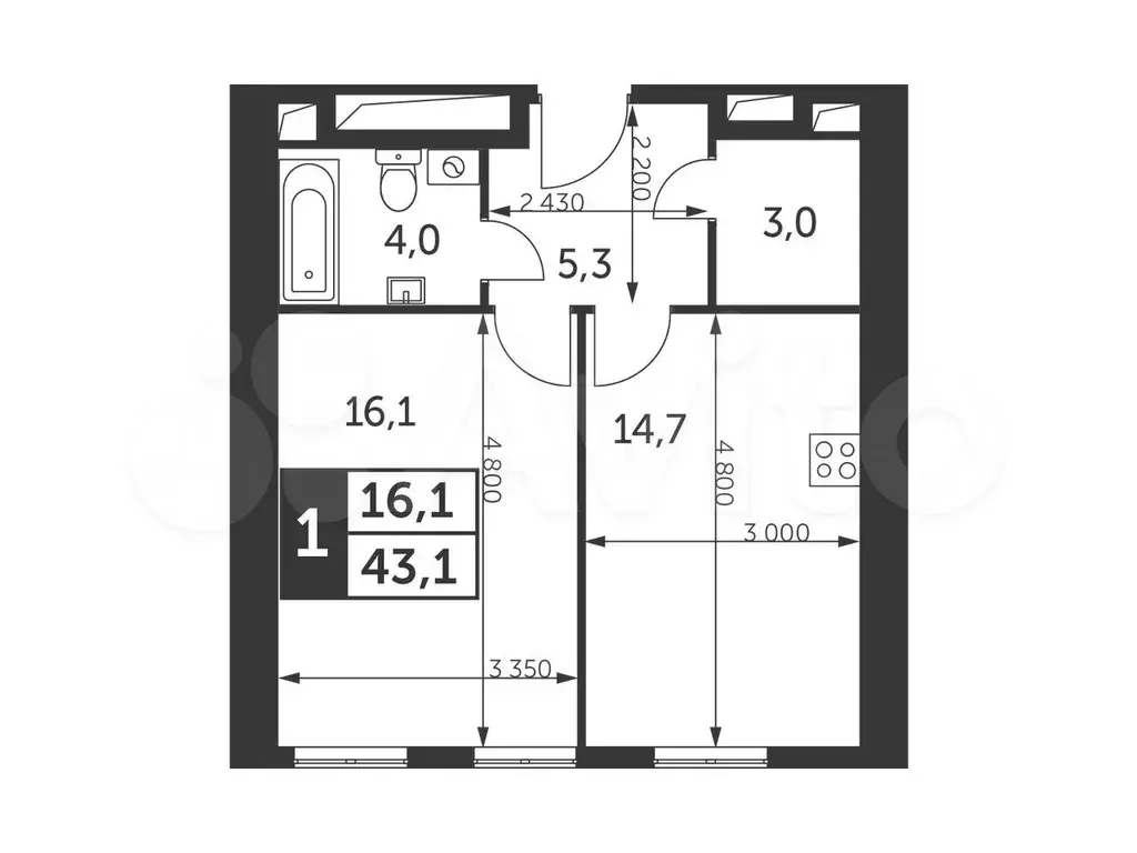 1-к. квартира, 43,1м, 43/47эт. - Фото 0