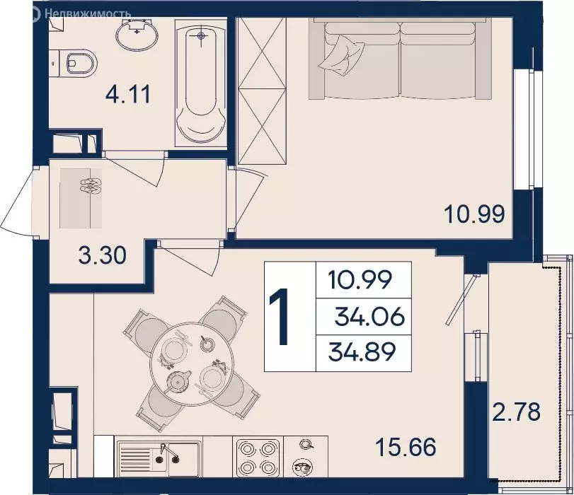 1-комнатная квартира: Краснодар (34.89 м) - Фото 0
