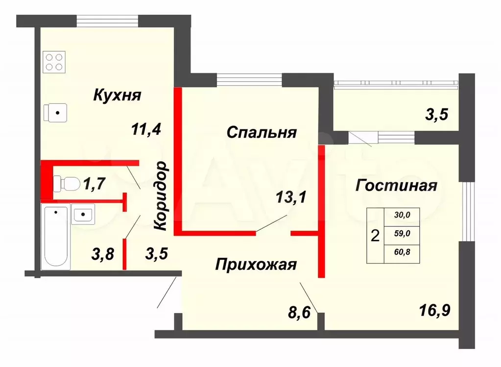 2-к. квартира, 59 м, 12/17 эт. - Фото 0