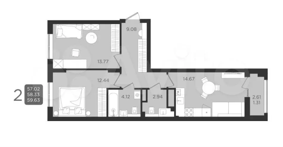 2-к. квартира, 58,5 м, 7/9 эт. - Фото 1