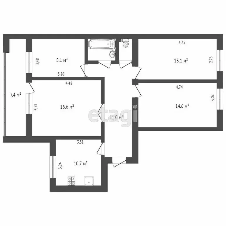 4-комнатная квартира: Тюмень, улица Щербакова, 98 (73.2 м) - Фото 0