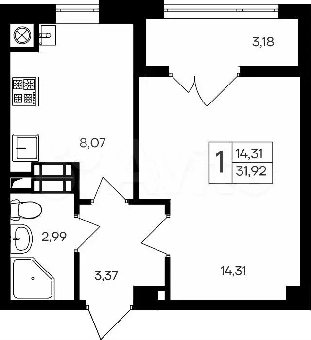 1-к. квартира, 31,9 м, 2/9 эт. - Фото 0