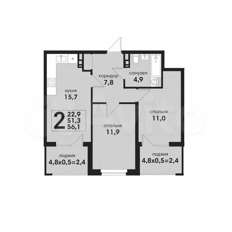 2-к. квартира, 56,1 м, 4/4 эт. - Фото 1