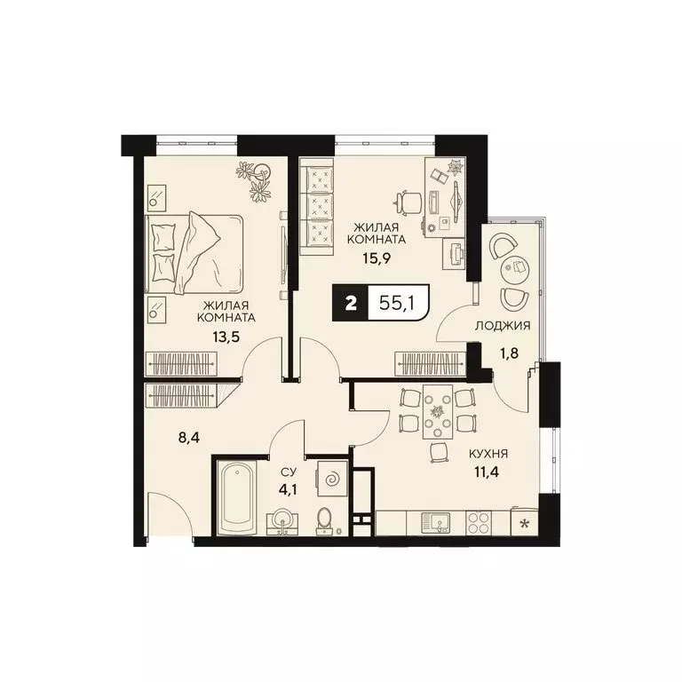 2-комнатная квартира: Анапа, Анапское шоссе, 18к2 (55.1 м) - Фото 0