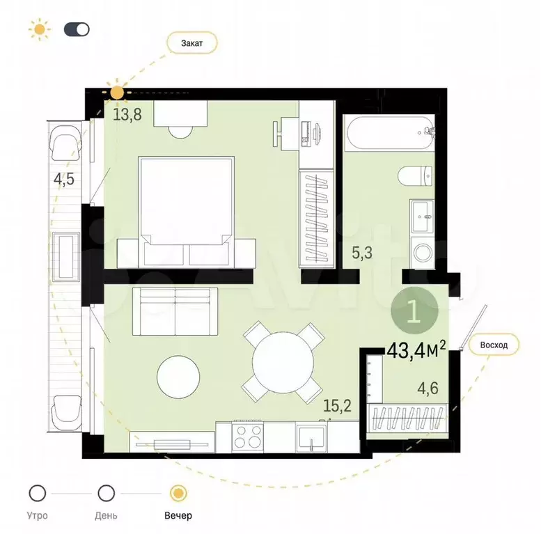 1-к. квартира, 39 м, 4/9 эт. - Фото 0
