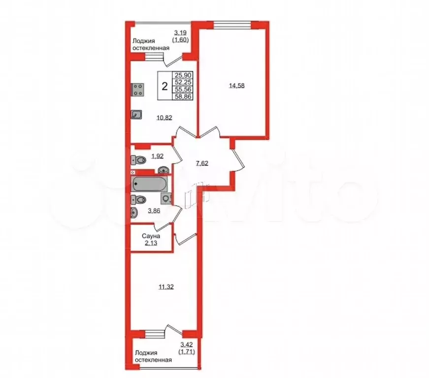 2-к. квартира, 55,6 м, 2/9 эт. - Фото 1