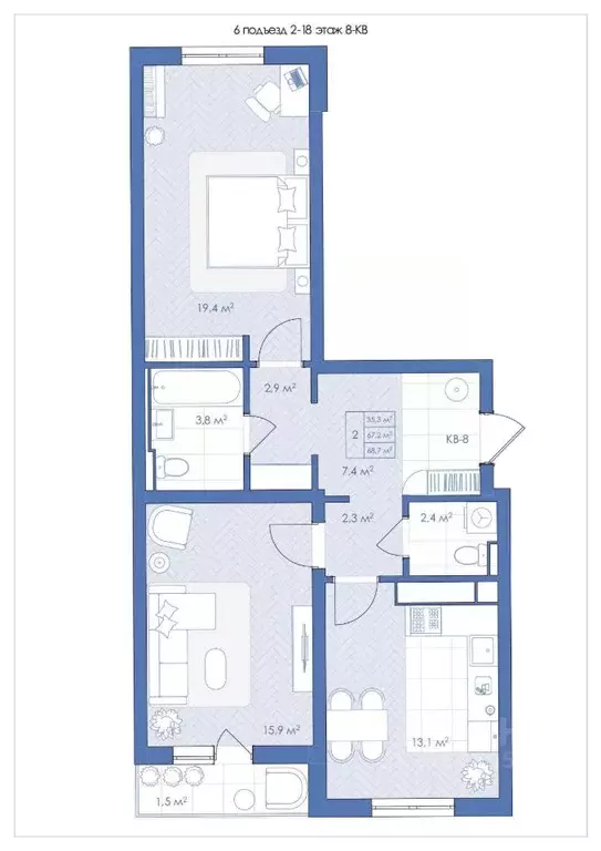 2-к кв. Воронежская область, Воронеж ул. Шишкова, 140Б/11 (69.0 м) - Фото 0