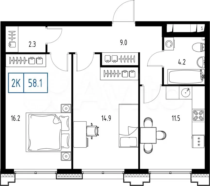 2-к. квартира, 58,1 м, 2/9 эт. - Фото 1