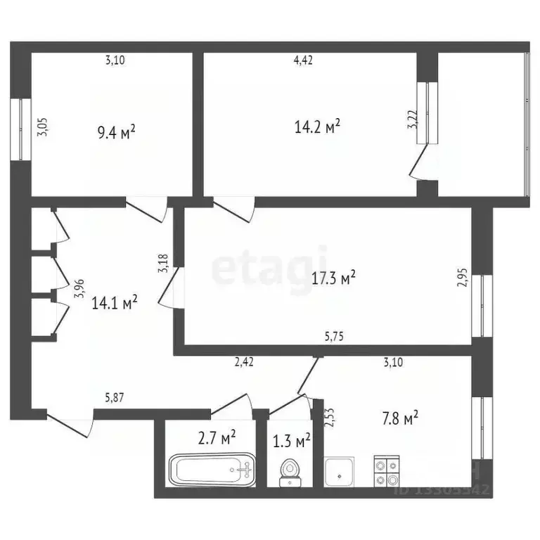 3-к кв. Кемеровская область, Юрга Фестивальная ул., 1 (67.1 м) - Фото 2