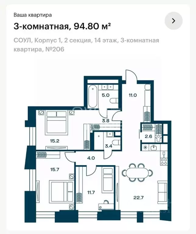 3-к кв. Москва Часовая ул., 32 (95.1 м) - Фото 1