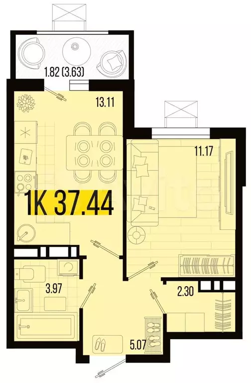 1-к. квартира, 37,4 м, 6/8 эт. - Фото 0