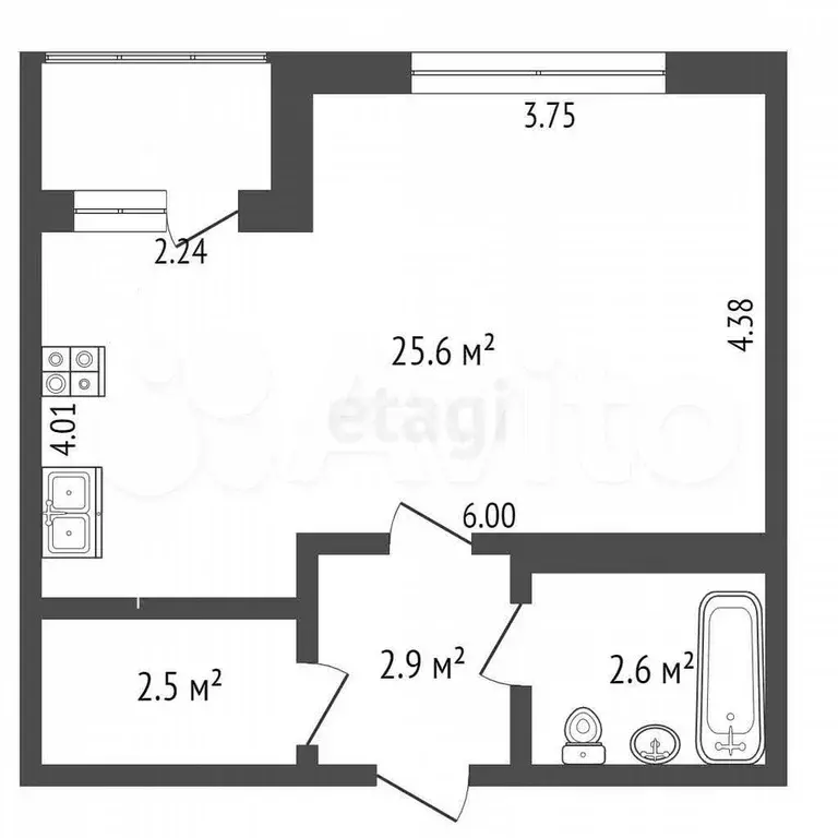Квартира-студия, 33,6 м, 2/9 эт. - Фото 0