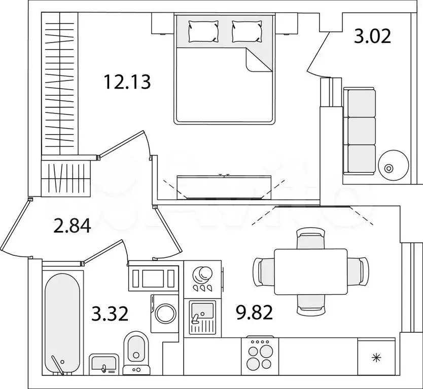 1-к. квартира, 29,6 м, 8/9 эт. - Фото 0