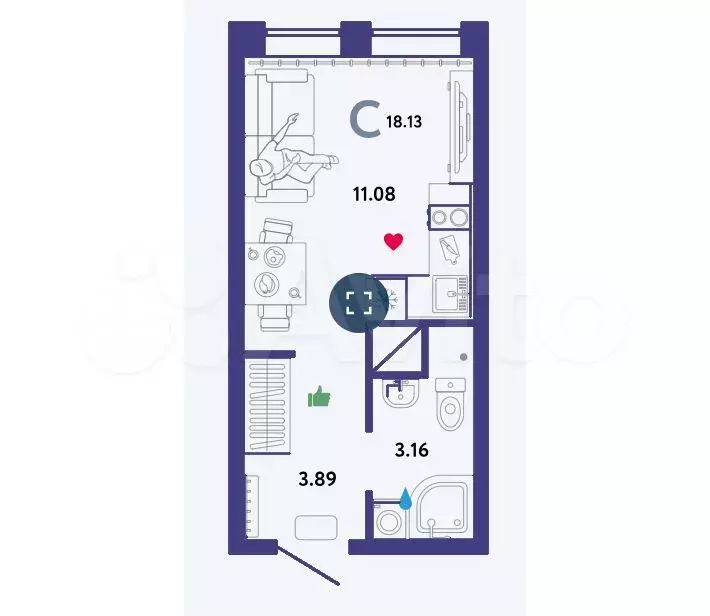 Квартира-студия, 18,1 м, 3/16 эт. - Фото 1