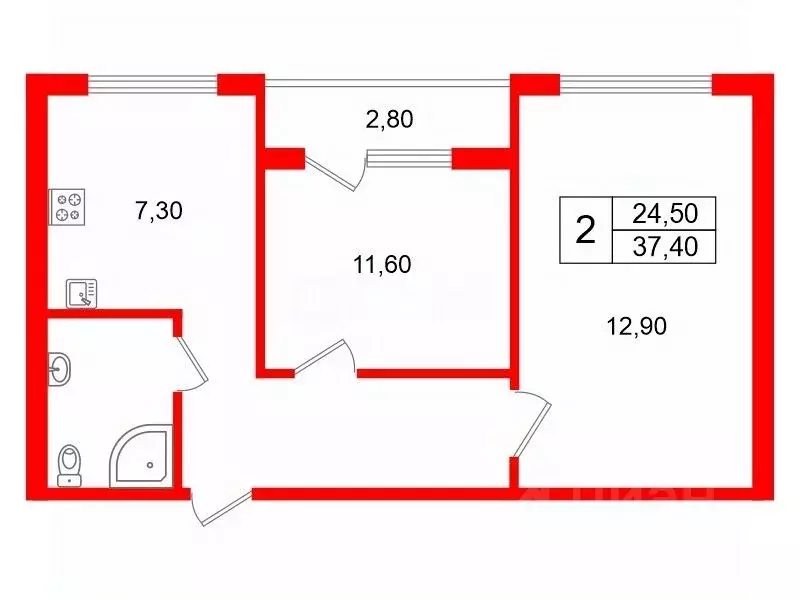 2-к кв. Санкт-Петербург ул. Чарушинская, 22к1 (37.4 м) - Фото 1