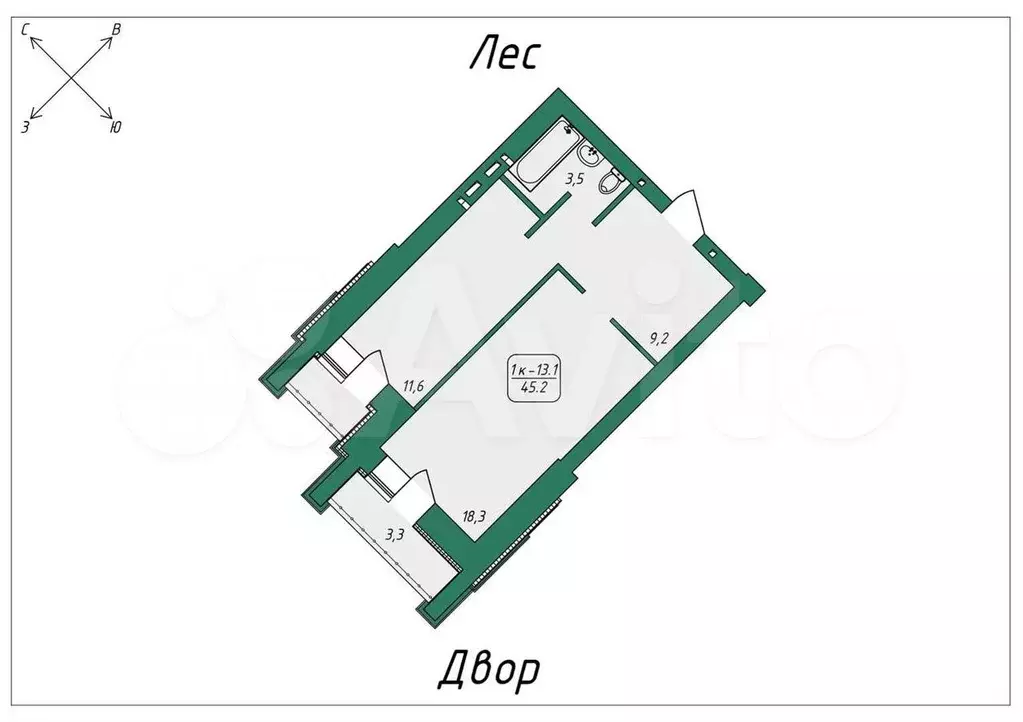 1-к. квартира, 45,2 м, 7/9 эт. - Фото 0