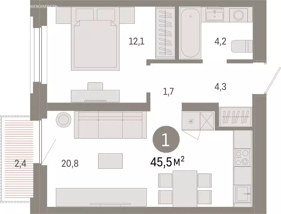 1-комнатная квартира: Тюмень, Центральный округ (45.49 м) - Фото 0