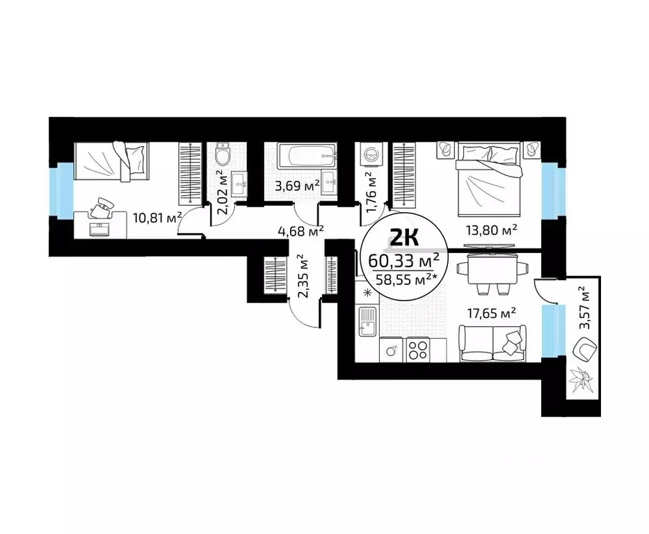 2-к кв. Самарская область, Самара пос. Мехзавод, 1-й кв-л, 50 (60.33 ... - Фото 1