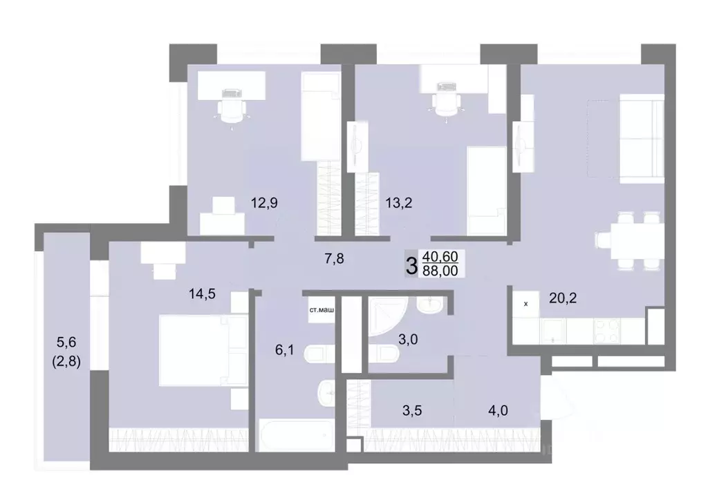 3-к кв. Свердловская область, Екатеринбург ул. Семена Лагоды, 80 (88.0 ... - Фото 1