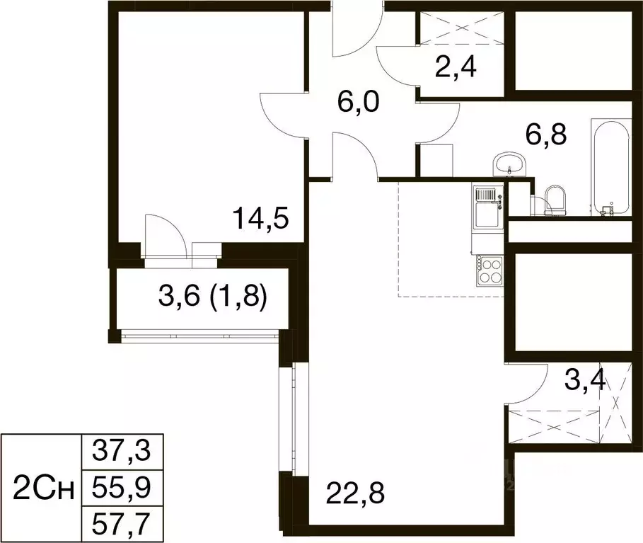 Квартира, 2 комнаты, 55.5 м - Фото 1