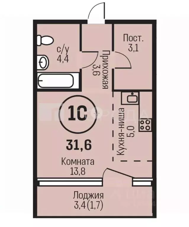 Студия Алтайский край, Барнаул ул. Имени В.Т. Христенко, 2к4 (31.6 м) - Фото 1