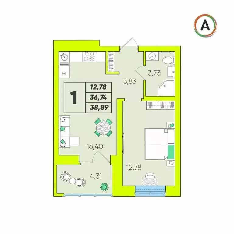 1-к кв. Калужская область, Калуга Зеленый жилой комплекс (38.89 м) - Фото 1