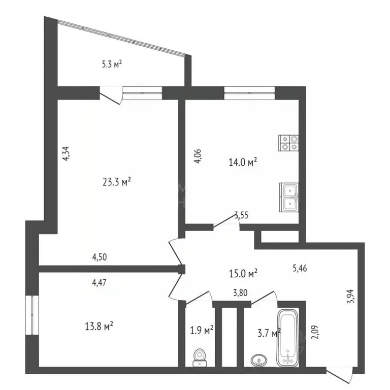 2-к кв. Тюменская область, Тюмень Заречный проезд, 43 (72.0 м) - Фото 1