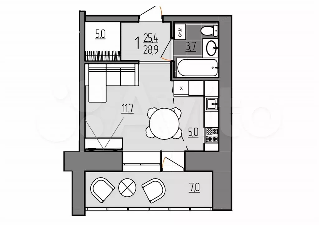 Квартира-студия, 28,9 м, 4/9 эт. - Фото 0
