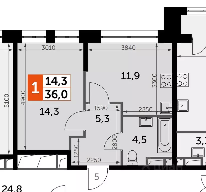 1-к кв. Москва Сидней Сити жилой комплекс, к2/1 (36.0 м) - Фото 0