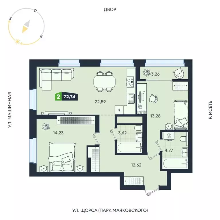 2-комнатная квартира: Екатеринбург, Машинная улица, 1В/4 (72.74 м) - Фото 1