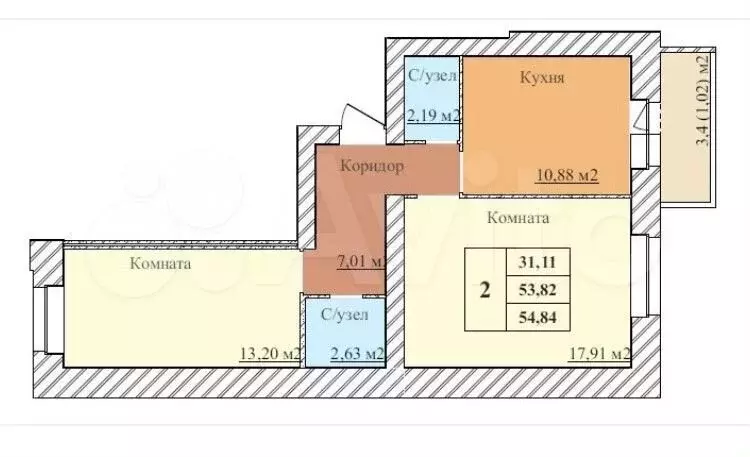 2-к. квартира, 54,8 м, 5/5 эт. - Фото 0
