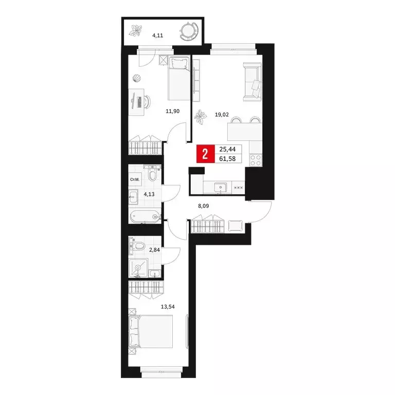 2-комнатная квартира: Уфа, Большая Московская улица, 11 (61.58 м) - Фото 1