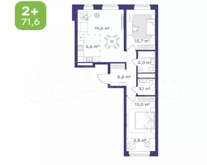 2-к. квартира, 71,6 м, 2/2 эт. - Фото 1