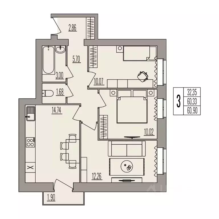 3-к кв. Волгоградская область, Волгоград ул. Землячки, 84/10 (60.9 м) - Фото 1