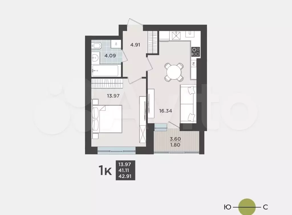 1-к. квартира, 41 м, 5/9 эт. - Фото 1