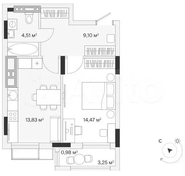 1-к. квартира, 43,1 м, 5/7 эт. - Фото 1