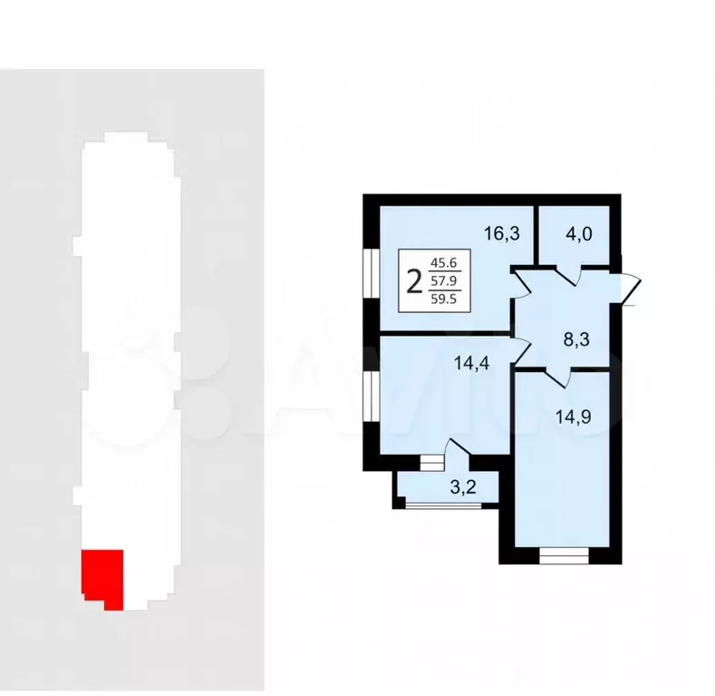 Продаётся 2-к квартира, 59.5 м - Фото 1
