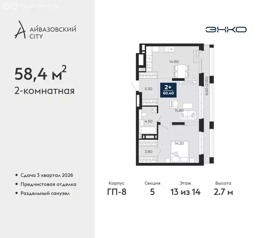 2-комнатная квартира: Тюмень, жилой комплекс Айвазовский Сити (58.4 м) - Фото 0