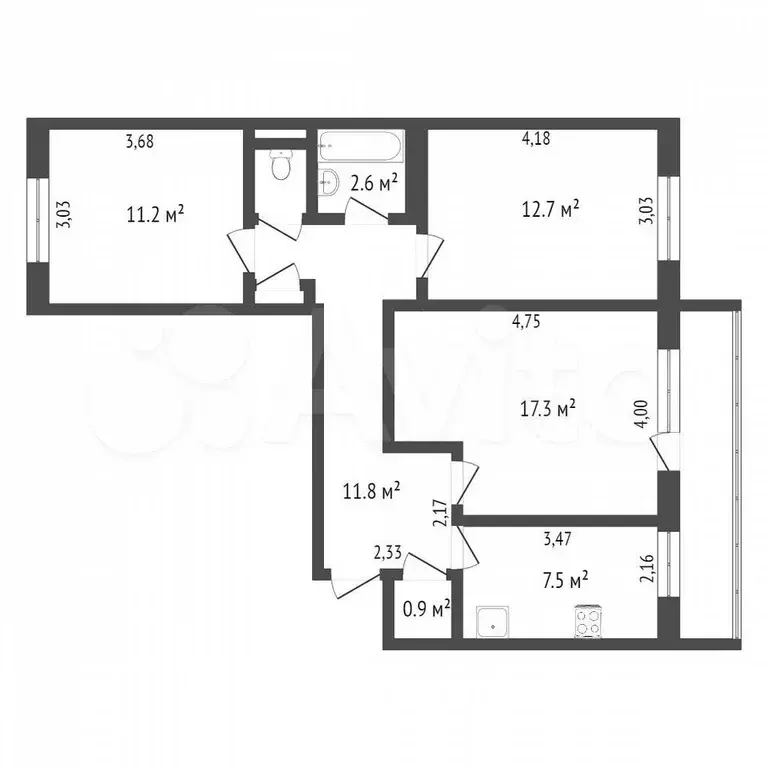 3-к. квартира, 65,2 м, 7/9 эт. - Фото 0