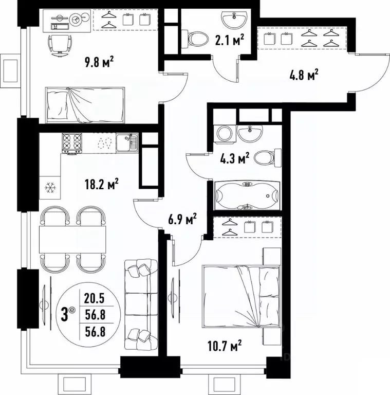 3-к кв. Астраханская область, Астрахань ул. Бэра, 29 (56.8 м) - Фото 2