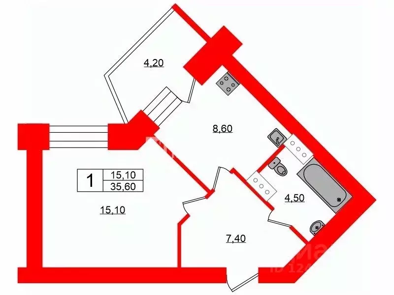 1-к кв. Санкт-Петербург ул. Бадаева, 14к1 (35.6 м) - Фото 1