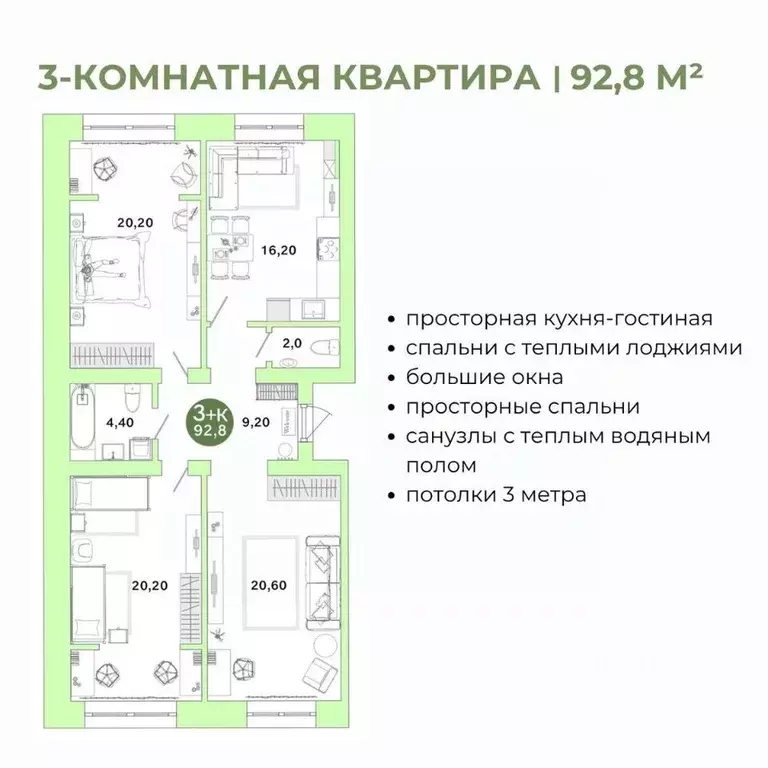 3-к кв. Оренбургская область, Оренбург Ростоши Премьер мкр,  (92.8 м) - Фото 1