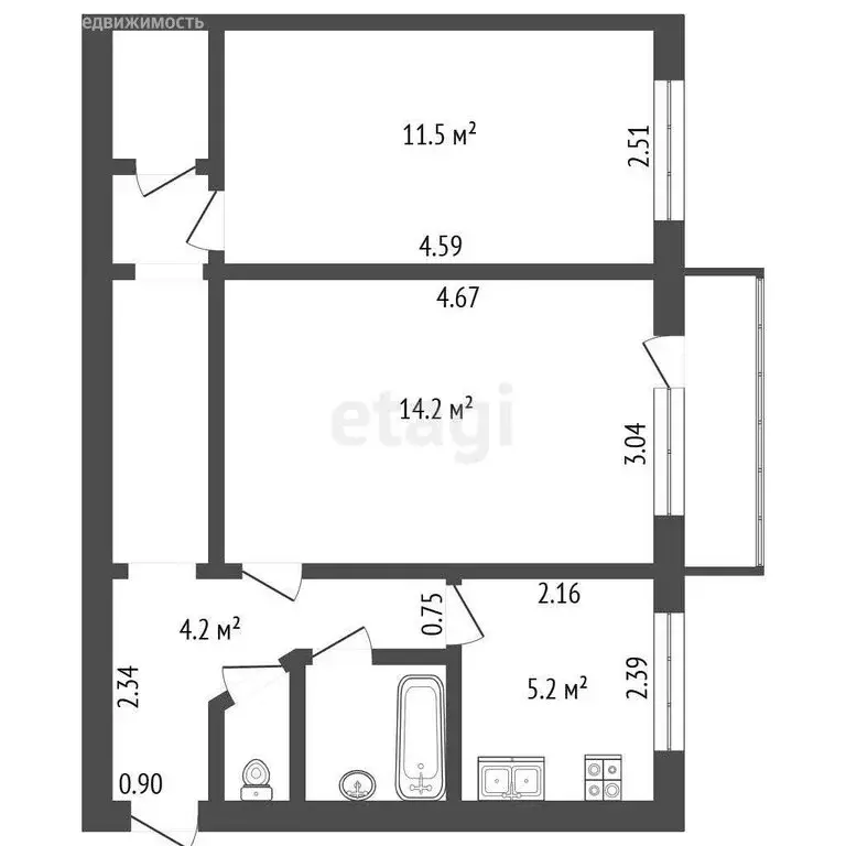 1к в 2-комнатной квартире (11.5 м) - Фото 1