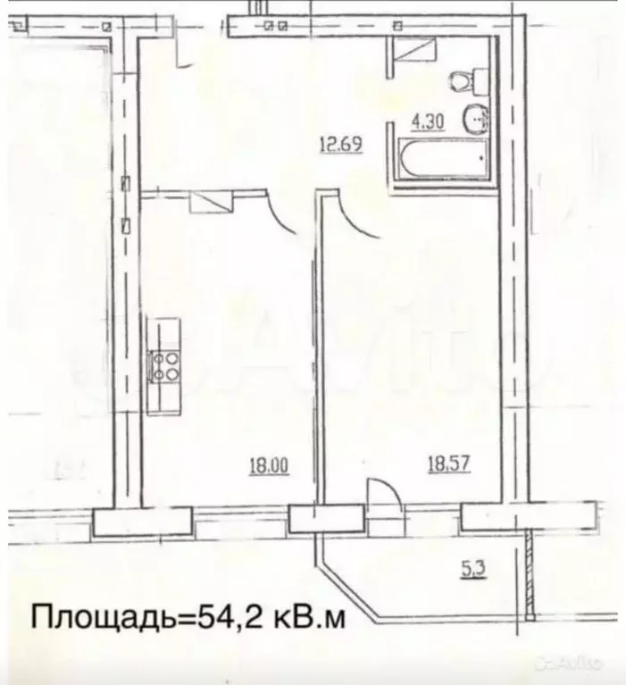 1-к. квартира, 54,2 м, 4/16 эт. - Фото 0