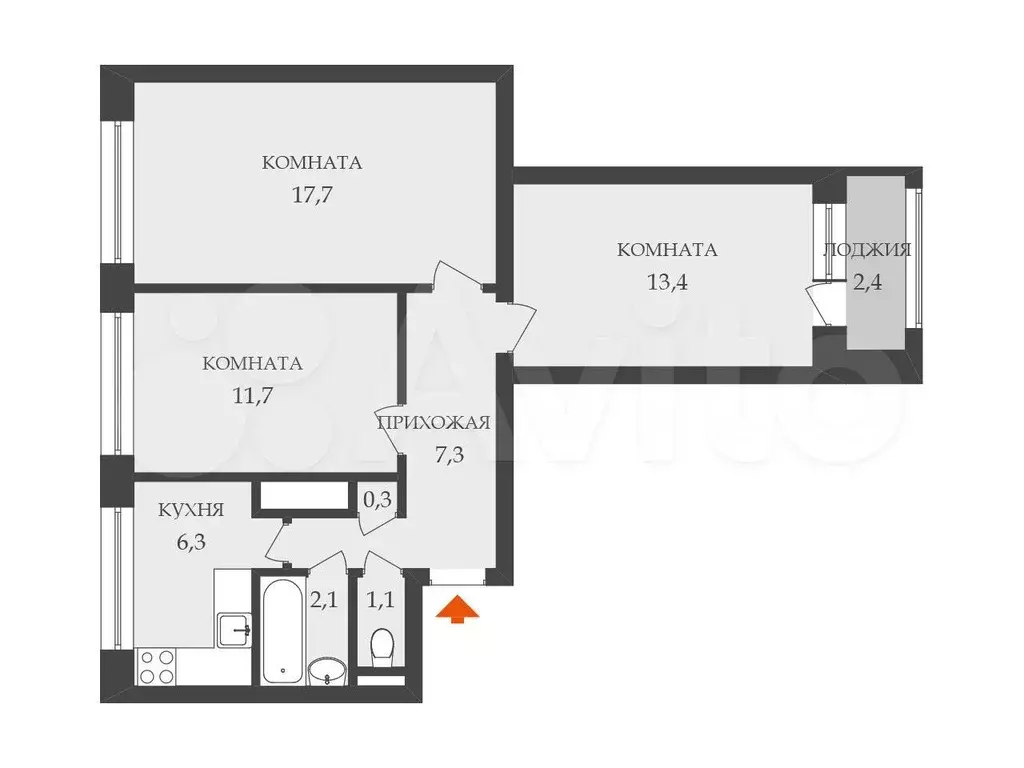 3-к. квартира, 59,9 м, 5/9 эт. - Фото 0