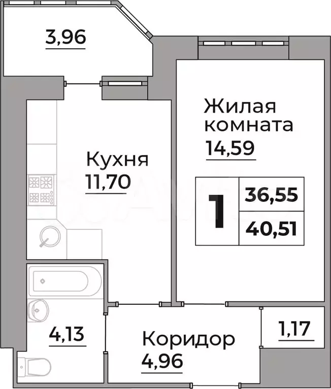 1-к. квартира, 40,5м, 2/12эт. - Фото 0